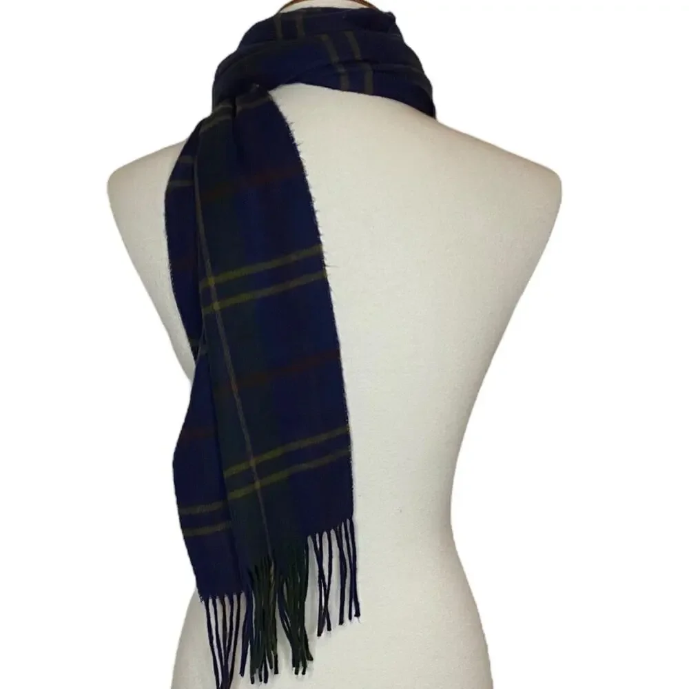 Geoffrey Beene Plaid Cashme 100% Acrylic Scarf Blue Fringe One Size Italy Unisex